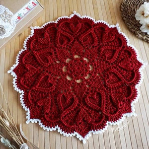 Red Christmas doily custom size hand woven with shiny Egyptian cotton creating an elegant texture of embossed hearts image 8