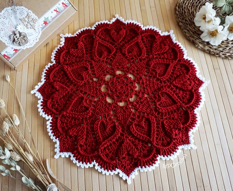 Red Christmas doily custom size hand woven with shiny Egyptian cotton creating an elegant texture of embossed hearts image 8