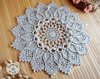 Custom size light gray doily, Delicate sunflower crochet doily with beautifully textured reliefs