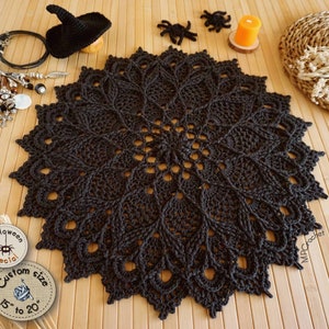 Halloween black doily, Matte black hand crochet doily custom size, Side table mat for black home decor, Gothic table decor doily
