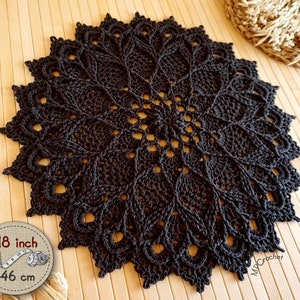 Black doily 18 inch, Matte black hand crochet doily for side table, Gothic table decor doily for black home decor