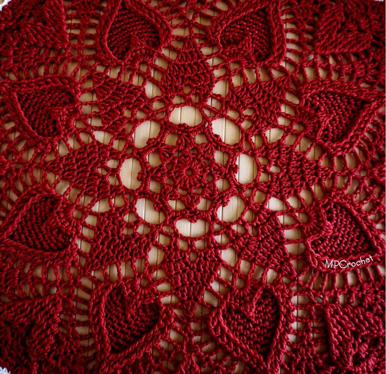 Red Christmas doily custom size hand woven with shiny Egyptian cotton creating an elegant texture of embossed hearts image 6