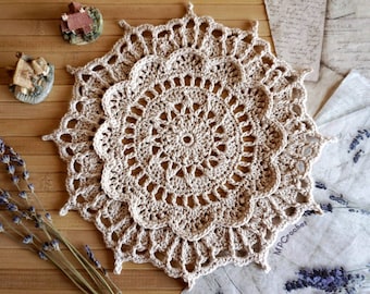 Cute ecofriendly small doily for dresser decor, Beige color lace jewellery mat 10", End table boho doily ready to ship, Beige placemat
