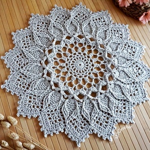 Custom size and color floral motif textured doily hand crocheted with 15 stunning Egyptian cotton colors Light Gray