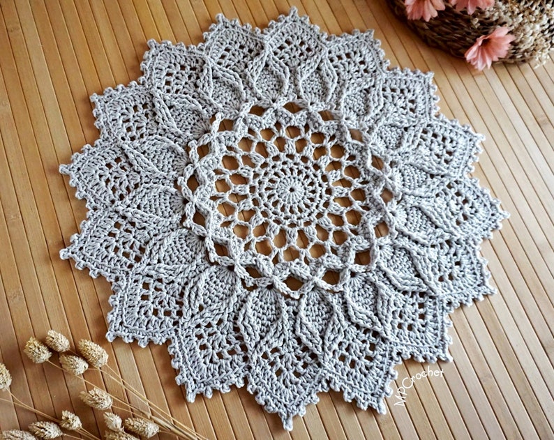 Custom size and color floral motif textured doily hand crocheted with 15 stunning Egyptian cotton colors Light Gray