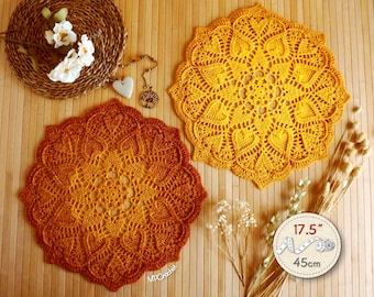 Yellow and orange heart texture doilies duo for coffee table and side table, Set of honeycomb colored crochet mats in gradient shades