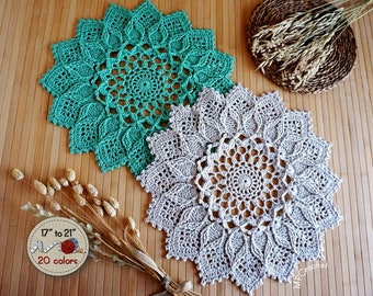 Custom size and color floral motif textured doily hand crocheted with 15 stunning Egyptian cotton colors