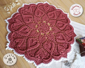Dark pink doily with hearts in relief custom size, Romantic decor doily, Girls room decor pink, Valentine's Day table decor
