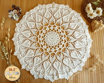 Large ecru crochet doily hearts in relief, Ivory shabby chic table topper, Romantic gift for her, Valentines table topper, Gift for Mom