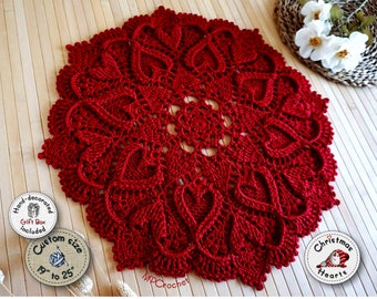 Romantic deep red doily, Marriage proposal decor red hearts table centerpiece, Elegant red or white egyptian cotton custom size doily.