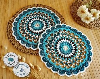 Two small turquoise doilies pack custom size for side table, Beach cottage home decor, Farmhouse small table mats