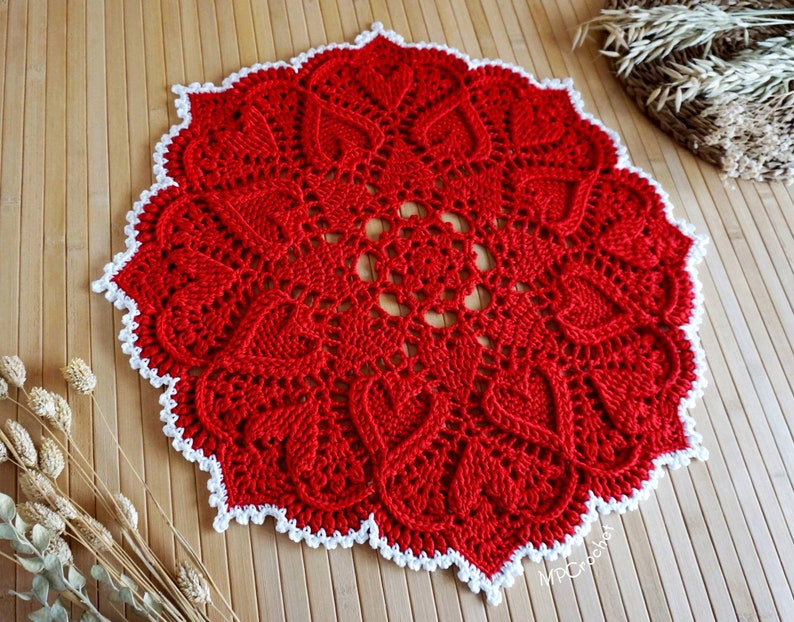 Custom color and size doily hand crocheted with awesome Egyptian cotton colors, White edge and hearts reliefs doily Red
