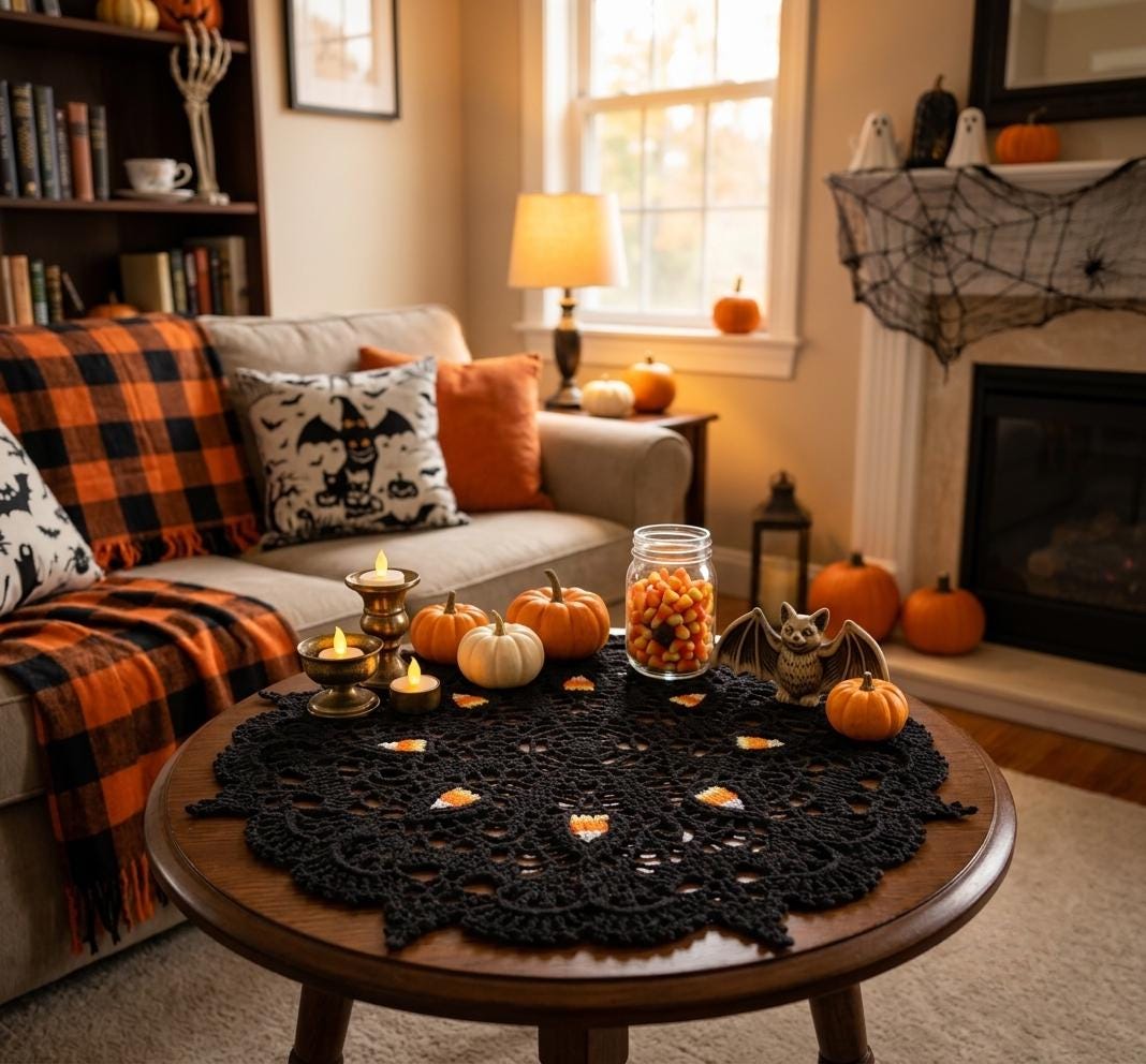 39 Candy Corn Crochet Patterns to Sweeten Your Autumn Decor 15 Crochet Candy Corn Doily: Black Halloween Centerpiece