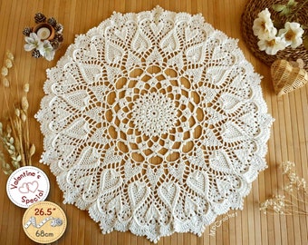 Valentines table topper, Large ecru round crochet doily hearts in relief, Ivory shabby chic table topper, Romantic Valentines gift for her