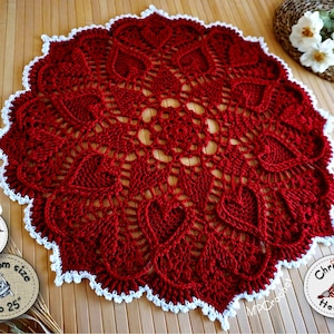 White edge deep red doily with small hearts in relief texture, custom size, hand crocheted with shiny and vibrant egyptian cotton.