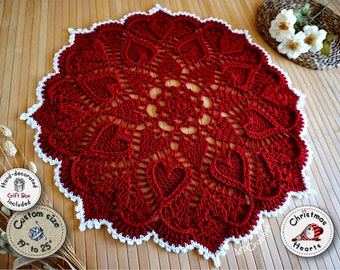 Red Christmas doily custom size hand woven with shiny Egyptian cotton creating an elegant texture of embossed hearts