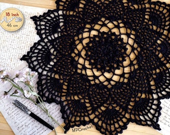 Black crochet doily delicate openwork 18 inch, Fancy black home decor, Goth table centerpiece, Ecofriendly boho table decor