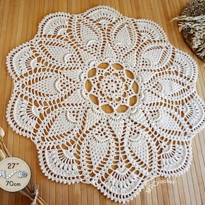 Off-white large pineapple crochet doily, Elegant crochet centerpiece for living room table, Cotton cream textured doily