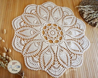 Off-white large pineapple crochet doily, Elegant crochet centerpiece for living room table, Cotton cream textured doily