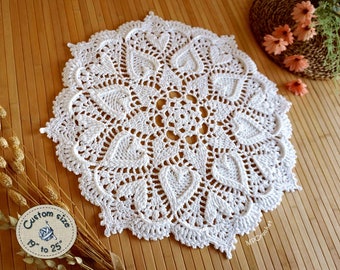 Pure white crochet doily custom size with hearts in relief, Romantic bridal table mat, Spring and summer home decor