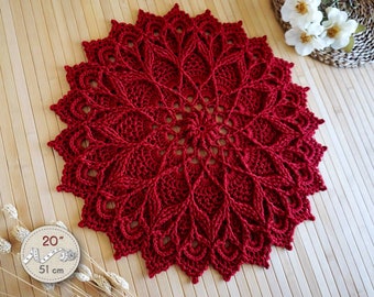 Dark red crochet doily 20 inch with delicate reliefs, Burgundy handmade artistic doily, Stunning wall decor mandala, Red Christmas doily