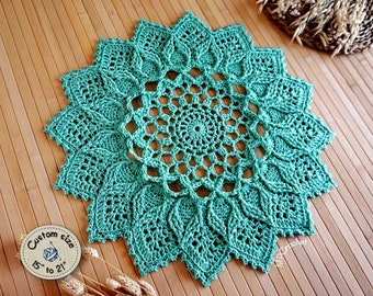 Custom size mint green doily, Cheerful floral motif crochet doily with beautiful reliefs