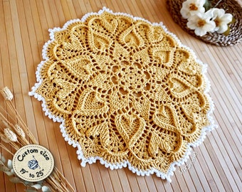 Golden yellow doily custom size hearts in relief, Spring and summer yellow table doily, Cottage table decoration, Easter home decor