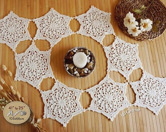 Vintage crochet table runner, Hexagons off white table runner with central space for centerpiece, Organic cotton mat for cottage table decor