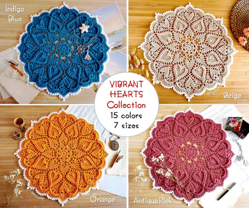 Custom color and size doily hand crocheted with awesome Egyptian cotton colors, White edge and hearts reliefs doily image 4