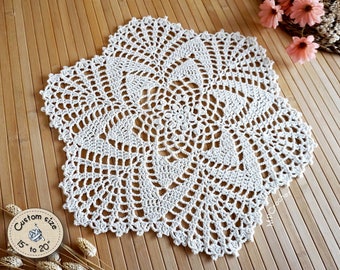 Off-white hand crochet doily custom size, Cream cotton doily with floral motifs for coffee and end table