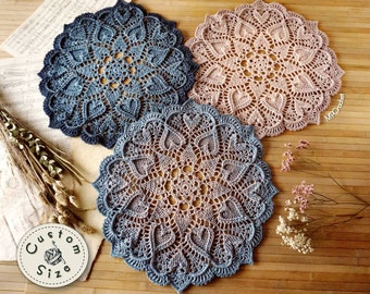 Blue and pink crochet doilies set, Grading pink to lilac to blue color customizable doilies trio for coffee and end tables