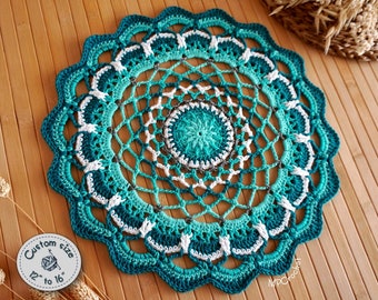 Turquoise greenish blue little doily custom size, Beach cottage end table decor doily, Lake house side table doily