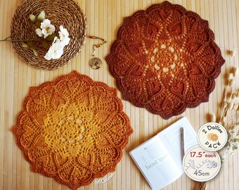 Orange and fire crochet two doilies pack with delicate hearts texture, Gradient crochet mats set for coffee and side table