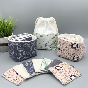 Pack of washable wipes with matching basket. Cleansers, make-up removers, washable and reusable. Different lots available.
