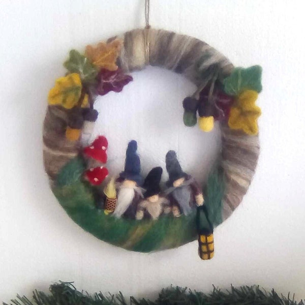 Wreath with Gnomes Mushrooms and Oak Twig with Leaves Needle Felted Forest Gnomes Wall or Dorr Hanging Wreath Nursery or Other Room Decor