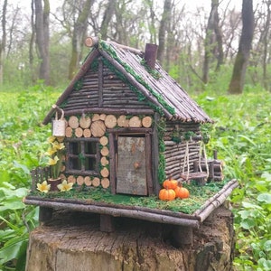 Fairy House Wooden Fairy Cottage Miniature Fairy Dollhouse Fairy Lights House Figurine Container Garden One of a Kind Fairy Garden House