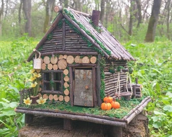 May include: A miniature log cabin crafted from twigs and branches, featuring a green moss roof, a small porch, and a swing. The cabin is perched on a tree stump in a woodland setting. Two small orange pumpkins adorn the porch.