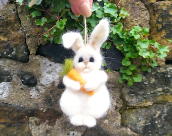 Needle Felted Easter Bunny Figurine: Wool Rabbit with Carrot