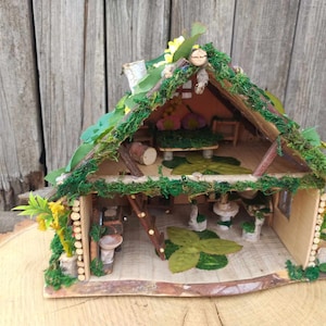 Set of Fairy Dollhouse with Lights and Furniture Two Story Fairy Garden Cottage Fairy Lights Dollhouse Container Garden House One of a Kind