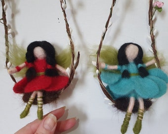 Needle Felted Fairy and Swing Wall Hanging Fairy Doll and Fairy Swing Nursery Wall Decor Flowers Fairy Wall Hanging Magical Gift