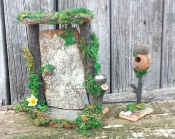 Miniature Fairy Garden Door with Birdhouse & Nest - OOAK Dollhouse Decor