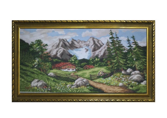 Pacific Northwest Landscape Original Hand Embroidered Tapestry Mountain Landscape Tapestry Mountain Houses and Pine Forest with DMC thrads