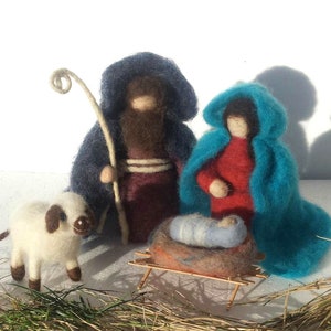 Nadel gefilzte Krippe Set von 4 Stück -Mutter,Vater,Kind und Lämmchen Wolforf Weihnachtsdeko