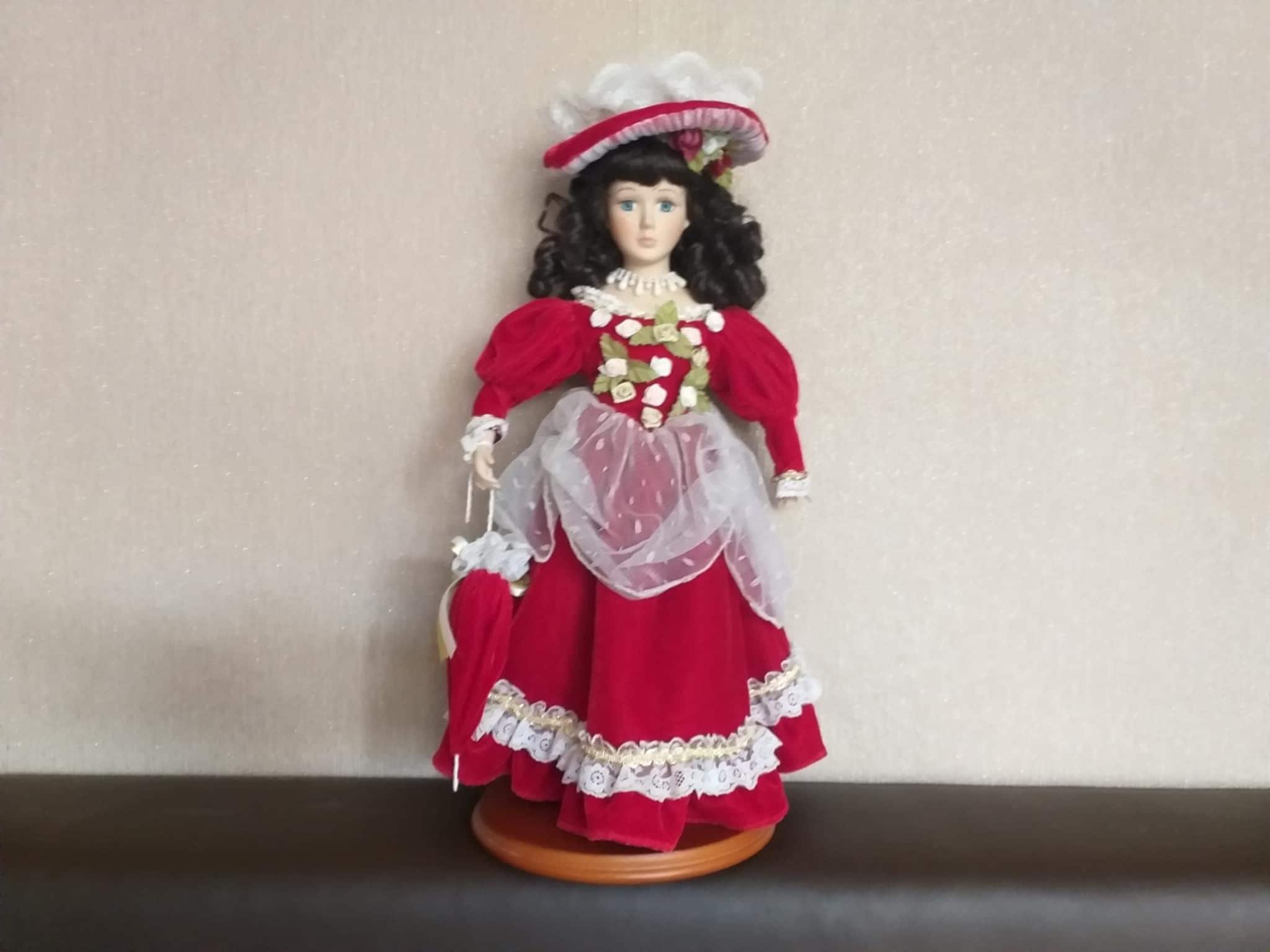 Vintage Porcelain Doll: Victorian Red Dress, Lace, and Pearl