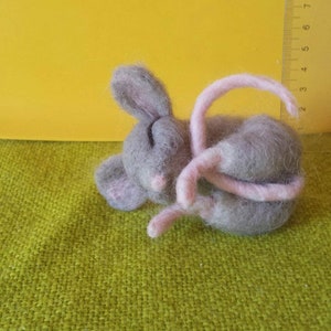 Peut inclure: Une souris en feutre faite à la main, dans des tons de gris et de rose, allongée sur une surface texturée verte. La souris a de grandes oreilles, une longue queue rose et un nez rose. Le fond est jaune uni.