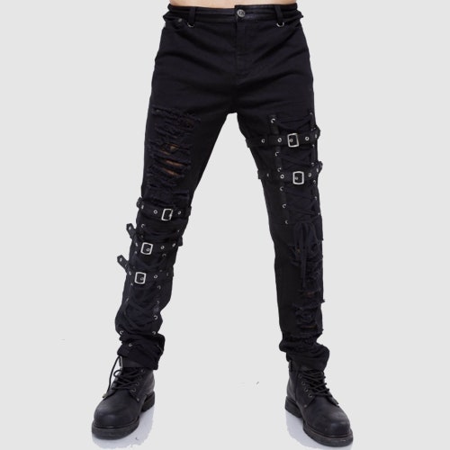 Men's Black Gothic Punk Hole Long Pants Men's Fashion - Etsy