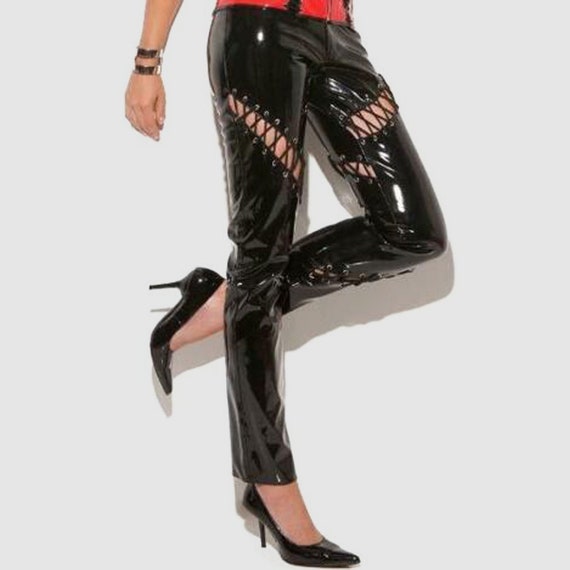 Ladies Lace up Vinyl Pants Zipper 