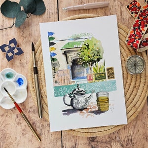 Riproduzione Diario di viaggio // Acquerello // Marocco // tè al palazzo