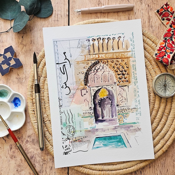 Reproduction Carnet de voyage // Aquarelle // Maroc // Medersa