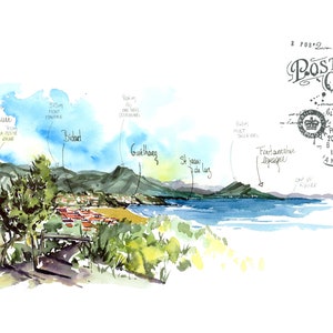 Reproducción Diario de viaje // Acuarela // Francia // País Vasco // Panorama de la costa